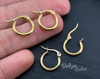 Pendientes chapados en oro brillante, aros de 15 mm, ganchos dorados para pendientes con cierre de palanca, piezas en blanco para cierre de palanca