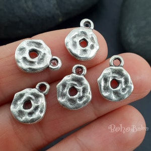 Silver Hoop Disc Charms, Hammered Coin Charms, Silver Round Charms, 10 Pc