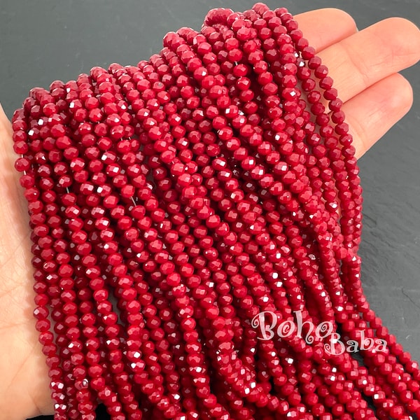 Hebras de cuentas Rondelle de cristal facetado de 4 mm, cuentas de cristal rojo opaco