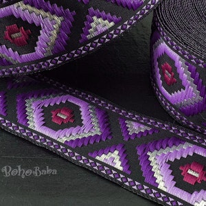 Ruban tissé brodé violet, ruban jacquard, bordure jacquard de 32 mm de large, ruban ethnique, ruban à motif tribal, 1 mètre