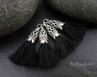 Black Mini Cotton Tassels, Tassel Jewelry, Mini Boho Tassels, Tassel Bracelet, Antique Silver Plated, Mini Tassels, Earring Tassels