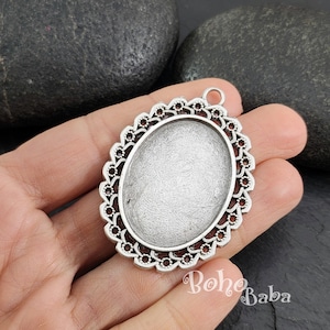 Antique Silver Plated Resin Jewelry Tray Blanks, Large Round Bezel Blank, Cameo Cabochon Base Setting, Photo Frame Pendant, 1Pc