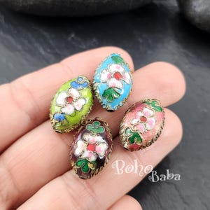 Handmade Cloisonne Beads, Floral Green Enamel Brass Beads, Oval Cloisonne Beads, Vintage Style Cloisonne Spacers, 1 Pc