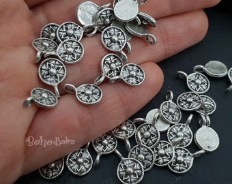 Silver Coin Charms, Tribal Coin Charms, Mini Coin Charms, Round Drop Charms, Beading Charms, Rustic Tibetan Jewelry, Coin Findings, 10 Pc