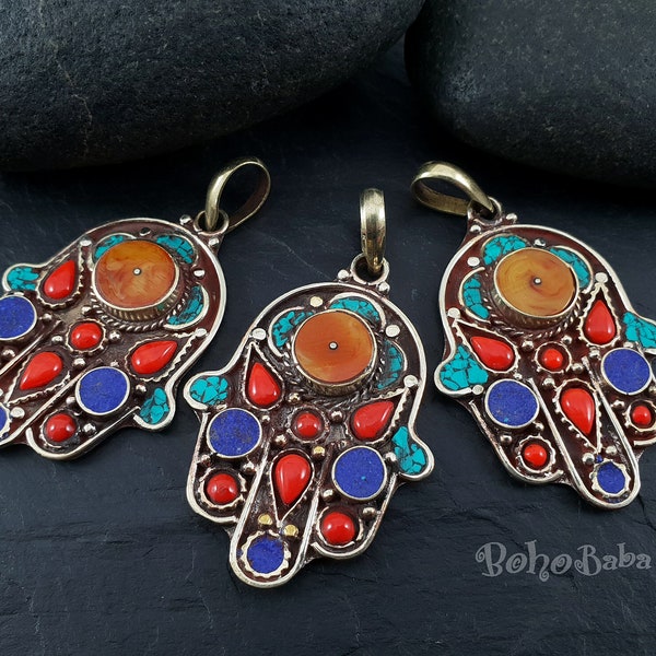 Large Tibetan Hamsa Pendant, Tibetan Silver Stone Inlay Findings, Handmade Tibetan Hamsa Pendant, Afghan Statement Pendant, Bohemian Jewelry