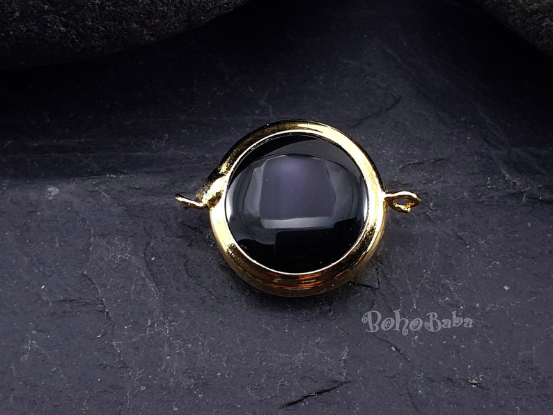 Gemstone Pendant Gemstone Bracelet Bezel Connector Connector Station Onyx Black Jade Connector Round Connector 16mm Gold Plated