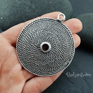 Antique Silver Plated Large Tribal Disc Pendant, Round Pendant, 1 Pc