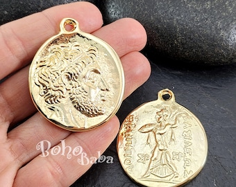 Shiny Gold Plated Large Greek Coin Pendant, Gold Coin Pendant, Greek Coin Medallion, Roman Coin Charm, 1Pc