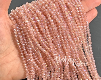 4mm Faceted Crystal Rondelle Bead Strands, Transparent Salmon Pink AB Crystal Beads