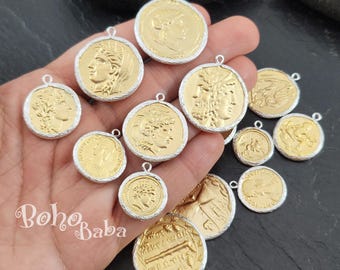 Gold Greek Coin Charms, Artemis Coin Pendant, Ancient Greek Goddess Medallion Bracelet Charm Findings