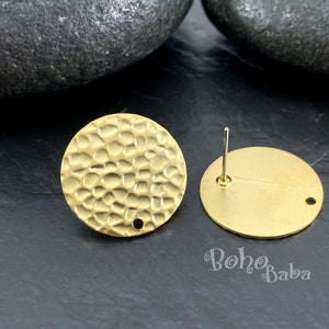 Hammered Gold Round Stud Earrings, Matte Gold Plated 20mm Disc Earring Posts with 1 Hole, STMG19