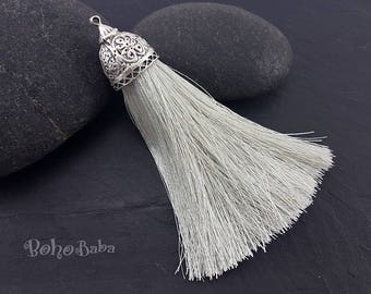 Extra Large Tassel, Silk Tassel, Gray Tassel, Tassel Necklace, Thick Silk Tassel, Turkish Jewelry, Tassel Pendant, Silver Cap Tassel