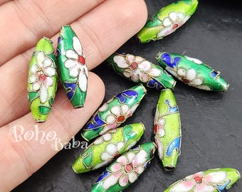 Handmade Cloisonne Beads, Floral Green Enamel Brass Beads, Oval Cloisonne Beads, Vintage Style Cloisonne Spacers, 1 Pc