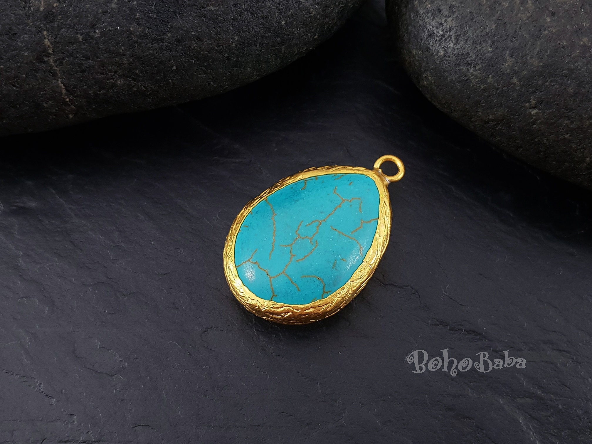Turquoise Teardrop Pendant Gold Plated Brass Hand Made Etsy
