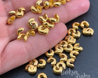Cubiertas para nudos de cuentas de engarce, engarces para nudos, engarces en C de 5 mm, engarces de latón chapado en oro, topes para cuentas, 20 piezas