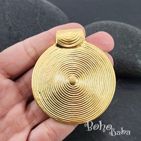 Large Gold Disc Pendant, Round Pendant, Gold Plated Mandala Necklace, Large Gold Pendant, Tribal Pendant, Ethnic, Tribal Jewelry, 1 Pc
