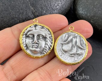 Greek Coin Medallion Pendant, Silver Helios Coin Charm, Ancient Greek Coin Pendant, Roman Coin Pendant