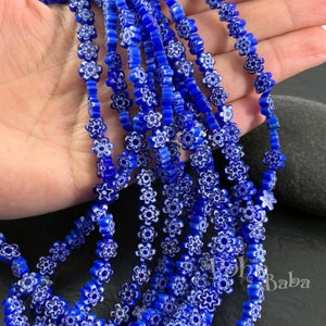 Murano Style Blue Millefiori Beads, 6-9 mm Flat Round Flower Beads, Handmade Glaze Beads, 1 Strand (54 Beads)