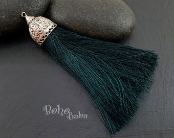 Green Silk Tassel, Extra Large Tassel, Large Tassel Pendant, Thick Silk Tassel, Tassel Findings, Silver Tassel Jewelry