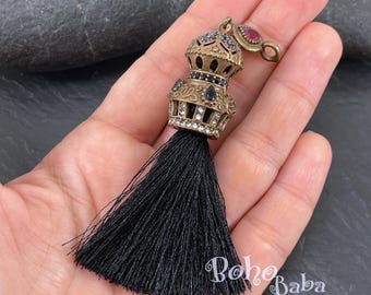 Black Silk Tassel Pendant, Antique Bronze Pave Cap, Tassel Necklace Charm, Bohemian Jewelry Findings
