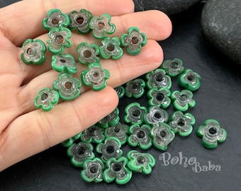 Artisan Handmade Green Glass Flower Beads, Traditional Turkish Glass Daisy Beads, Clover Glass Beads, 10pc
