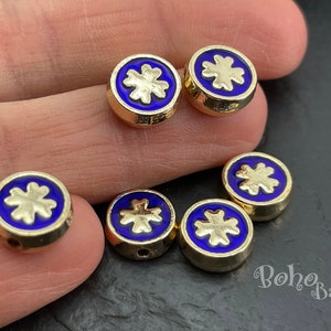 Shiny Gold Plated Blue Enamelled Clover Spacer Charms, Double Sided Clover Spacer Beads, 3 Pc