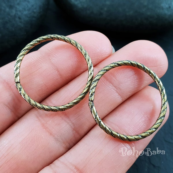 Antique Bronze Twisted Jump Rings: 25mm Open Circle Connectors, 6pc