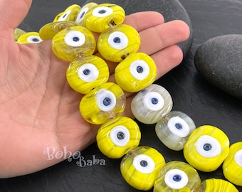 Cuentas tradicionales turcas de mal de ojo, mal de ojo de cristal amarillo marmolado hecho a mano artesanalmente, 5 piezas