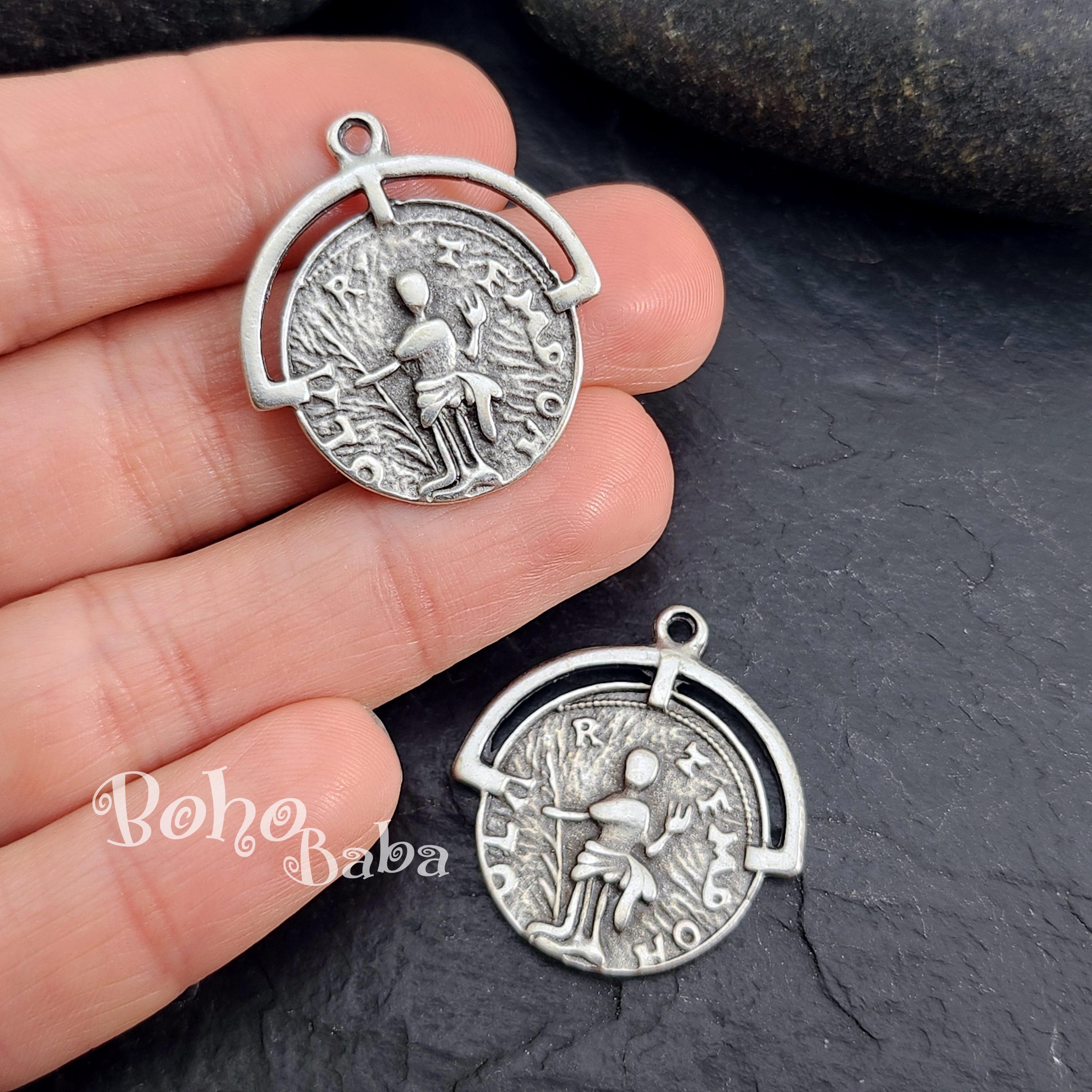 アンティーク シルバー メッキ 古代ギリシャ コイン チャーム、ローマ