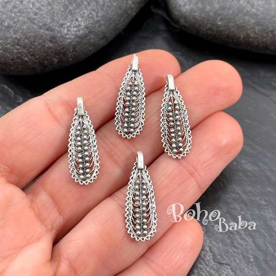 Antique Silver Plated Brass Filigree Teardrop Earring Charms, 9x25mm, 4pc