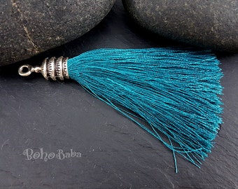 Tassel Necklace, Mala Tassel, Handbag Tassel, Bohemian Jewelry, King Fisher Silk Tassel, Silver Cap, Tassel Pendant, Jewelry Tassel Earring
