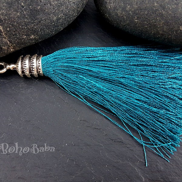 Tassel Necklace, Mala Tassel, Handbag Tassel, Bohemian Jewelry, King Fisher Silk Tassel, Silver Cap, Tassel Pendant, Jewelry Tassel Earring