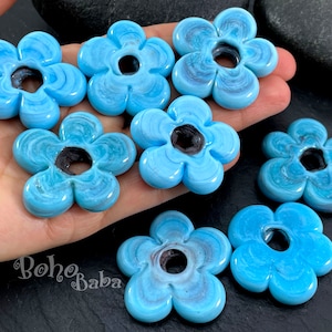 Turkish Artisan Handmade Turquoise Blue Glass Flower Beads, Lampwork Chunky Flower Beads, 5 Pc