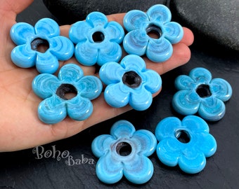 Lampwork Blue Glass Flower Beads, Artisan Handmade Murano Beads, 2 Pc