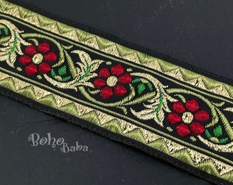 Metallic Yellow Flower Ribbon, Embroidered Woven Ribbon, Jacquard Trim, 32mm Wide Ethnic Ribbon, Floral Pattern Ribbon, 1 Meter - 1.09 Yards
