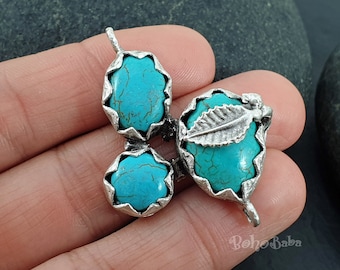 Antique Silver Plated Turquoise Focal Leaf Pendant, Turquoise Connector, Turquoise Bracelet Blank, Gemstone Findings