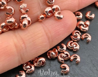Crimp Bead Knot Covers, Knot Crimps, C Crimps, Rose Gold Plated Brass Crimps, Bead Stoppers, 20 Pc
