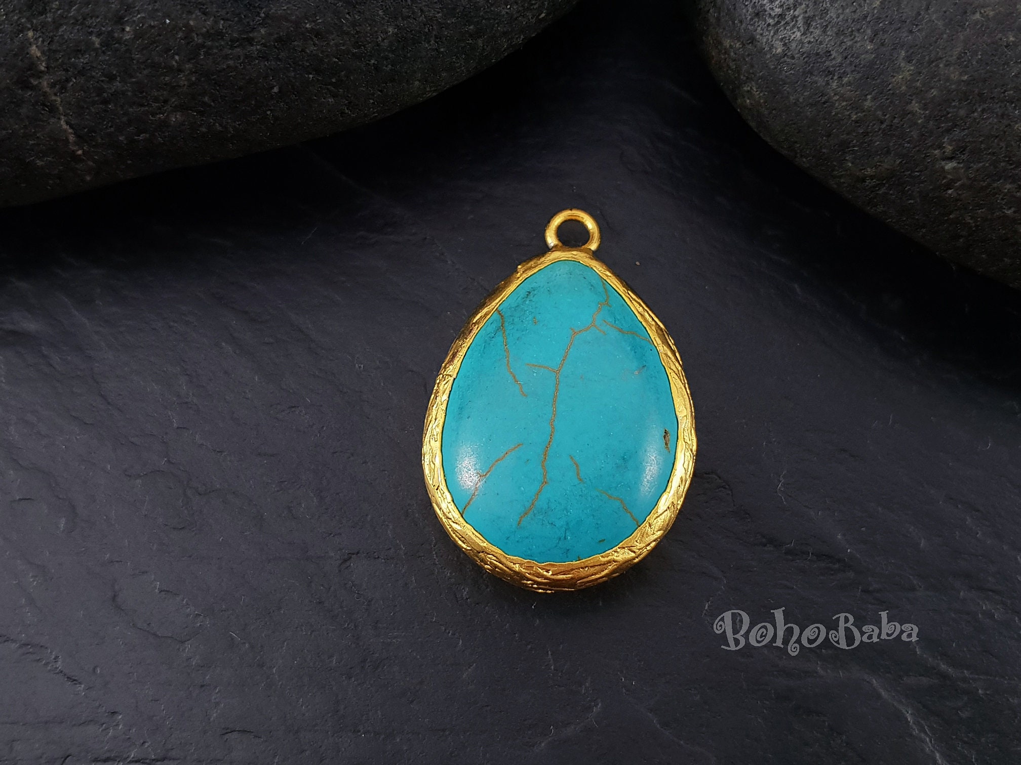 Turquoise Teardrop Pendant Gold Plated Brass Hand Made Etsy