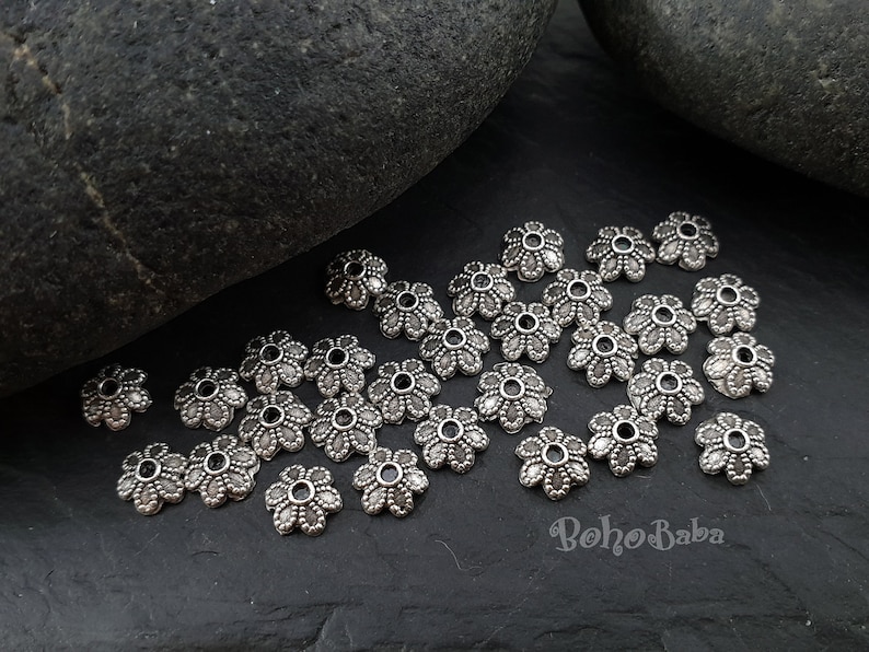 Bead Caps Silver Bead Caps 30 Pc Bead End Caps Mini Flower Bead Caps Tiny Bead Caps Silver Bead Ends Silver Plated Mini Bead Caps