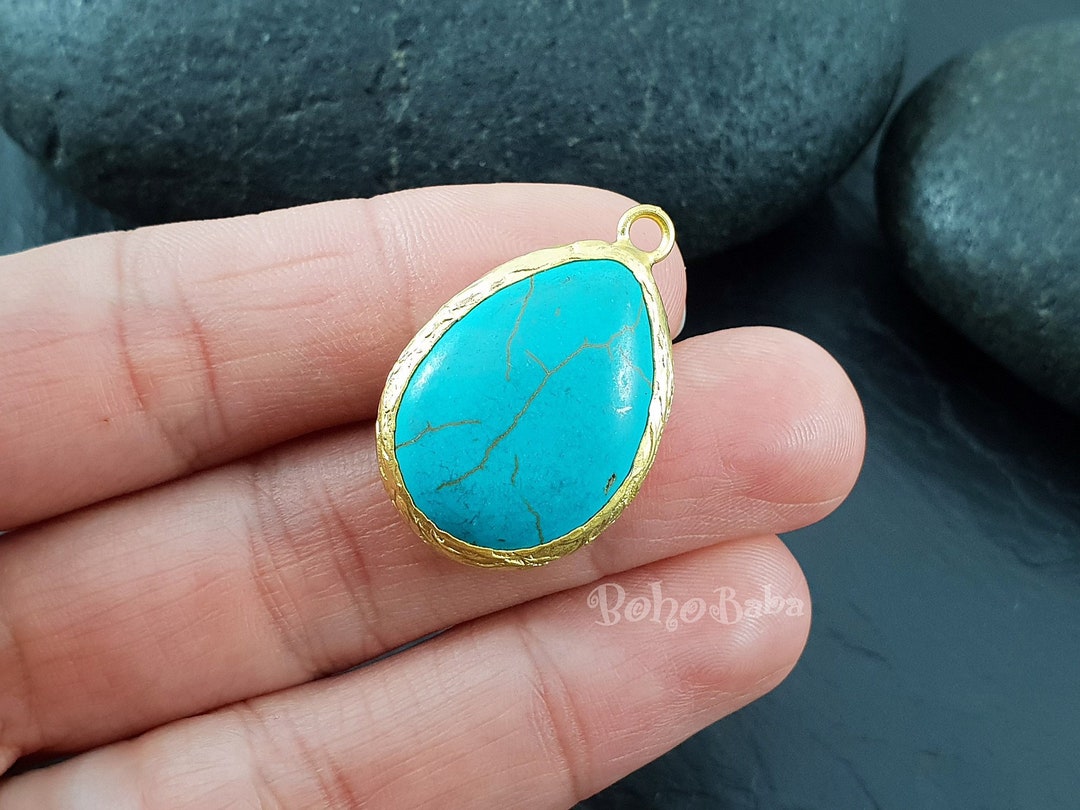 Turquoise Teardrop Pendant Gold Plated Brass Hand Made Etsy
