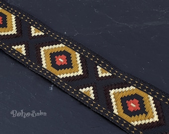 Jacquard Ribbon, 25mm Wide, Jacquard Trim, Embroidered Woven Ribbon, Brown Ethnic Ribbon, Tribal Pattern Ribbon, 1 Meter - 1.09 Yards