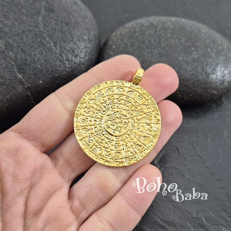 Large Phaistos Disc Pendant, Gold Coin Pendant, Gold Greek Pendant, Coin Pendant, Greek Coin Medallion, Medallion Necklace, Large Coin, 1 Pc image 2