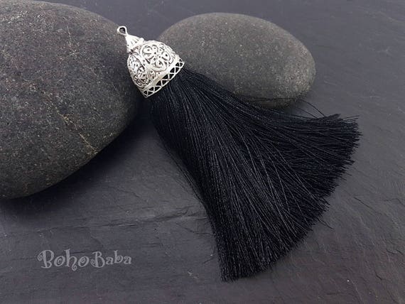 Extra Large Tassel, Silk Tassel, Black Tassel, Tassel Necklace, Thick Silk Tassel, Turkish Jewelry, Tassel Pendant, Silver Cap Tassel