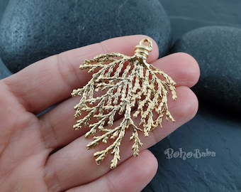 Matte Gold Plated Conifer Leaf Branch Pendant, Conifer Leaf Charm, Leaf Pendant, 1 Pc