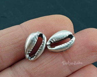 Silver Seashell Charms, Seashell Connector Charms, Cowrie Shell Charms, Bracelet Findings, 5 Pc
