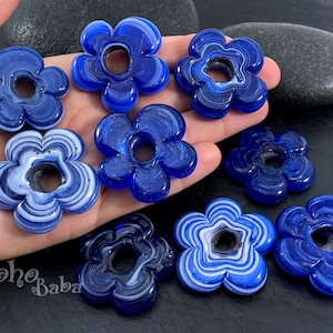 Turkish Artisan Handmade Marbled Blue Glass Flower Beads, Lampwork Chunky Flower Beads, 5pc