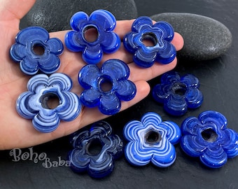 Turkish Artisan Handmade Marbled Blue Glass Flower Beads, Lampwork Chunky Flower Beads, 2pc