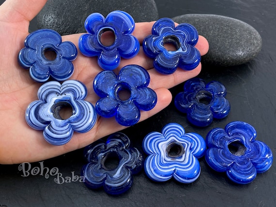 Turkish Artisan Handmade Marbled Blue Glass Flower Beads, Lampwork
