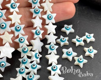 Mother of Pearl Star Shell Beads with Blue Evil Eye Enamel, 1 Strand