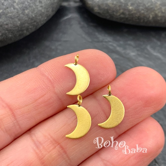 Matte Gold Plated Crescent Moon Charms Tiny Celestial Brass Finding, 3pc